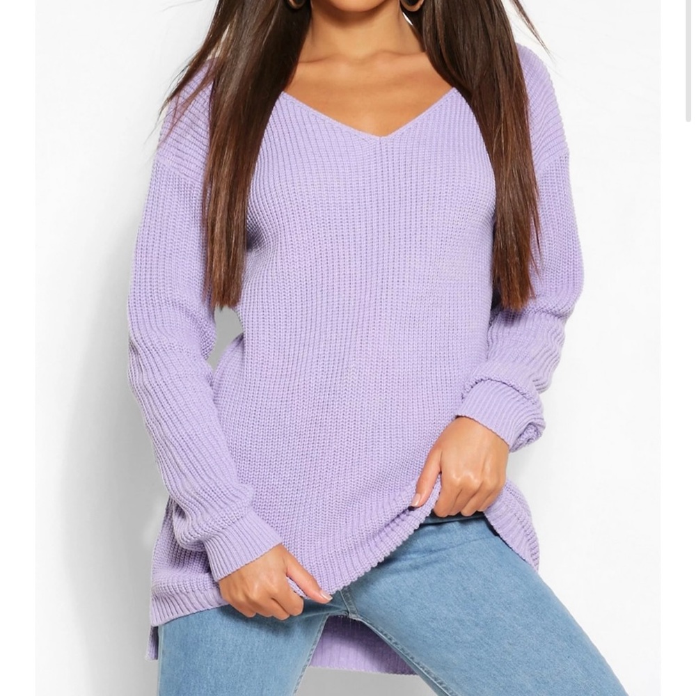 Boohoo Plus- Oversized Tall V-Neck Longline Jumper Sweater in Lilac Plus…